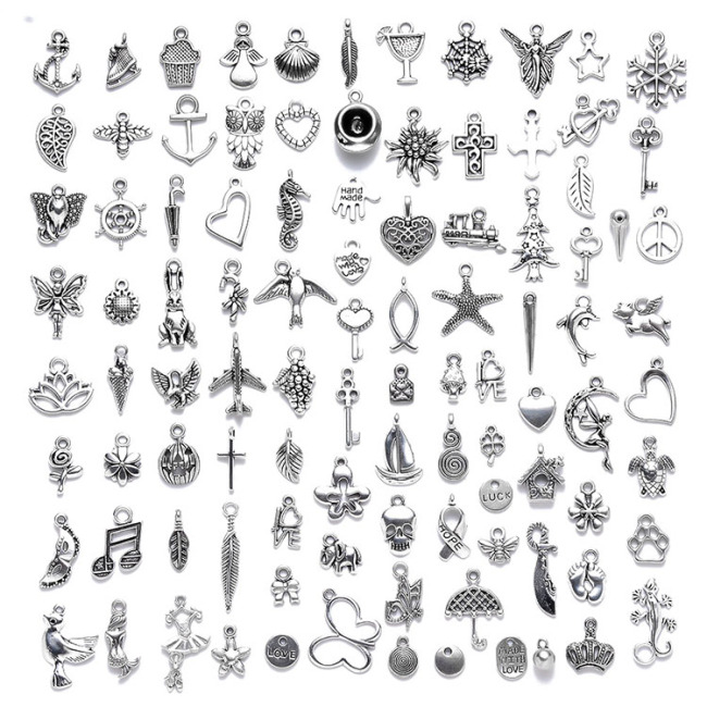 JF3801 Bulk Assorted Antique Silver Tone Alloy Metal Animal Heart Cross Feather Flower Charms for DIY Jewelry Making