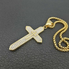 NS1148 fashion hiphop 18K gold plated stainless steel box chain necklace, charm stainless steel CZ cross pendant men necklace