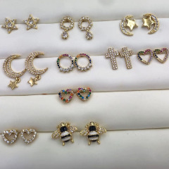 EC1445 Chic Mini Cute Rainbow Diamond CZ Micro Pave Cross Heart Bee Star Stud Earrings