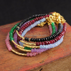 BRP1526 Fashion Faceted Jade Gemstone Rondelle Beaded Tiny Tube Bar Bracelets,Gold Smart Adjustable Bracelet