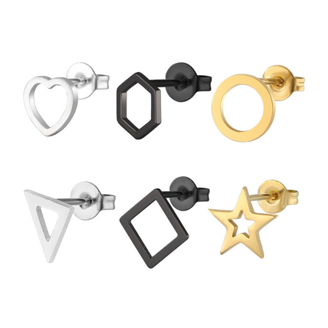 ES1062 circle&diamond&heart&hexagon&star&triangle shape gold, black, steel stud men's earring
