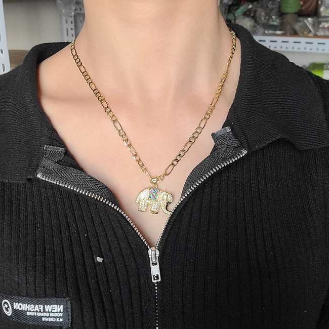 NZ1326  Fashion 18K Gold CZ diamond Cubic Zirconia Elephant Pendant Figaro Chain Necklaces jewelry gift for lady