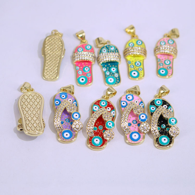 CZ8532 Fashion 18K Yellow Gold Plated Enamel Rainbow Evil Eyes CZ Flip Flop Slipper Charm Pendant