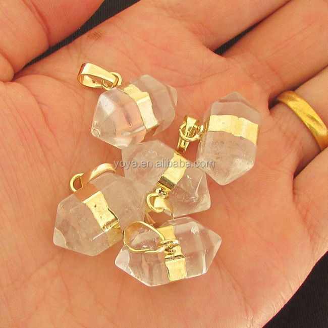 JF6556 Clear Crystal Quartz Double Terminated Pendant with Gold Electroplated Trim and Bail
