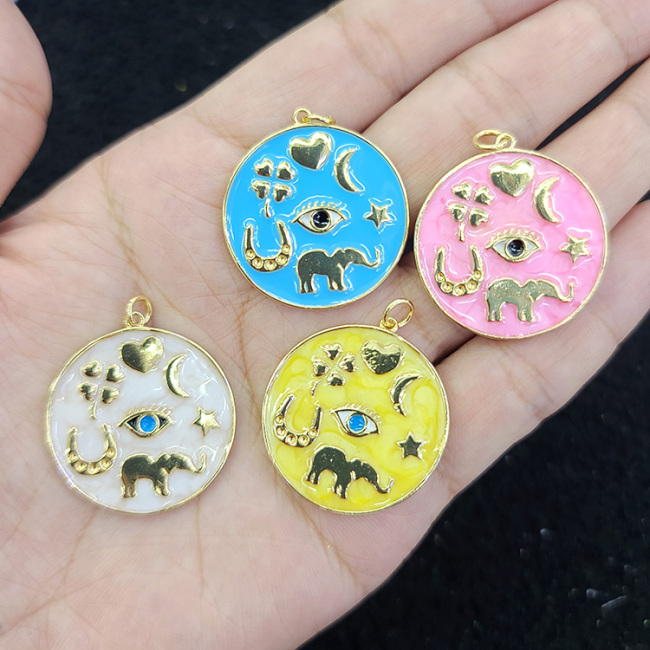 JS1607 2021 Big Large gold plated Enamel Rainbow Multicolor Heart Horseshoe Elephant evil eyes star Assroted Charm Disc pendants