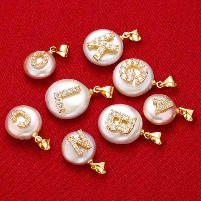 CZ7979 Dainty Natural Freshwater Pearl Charm Pendant with CZ Micro Pave Initial alphabet letter charms Pendants