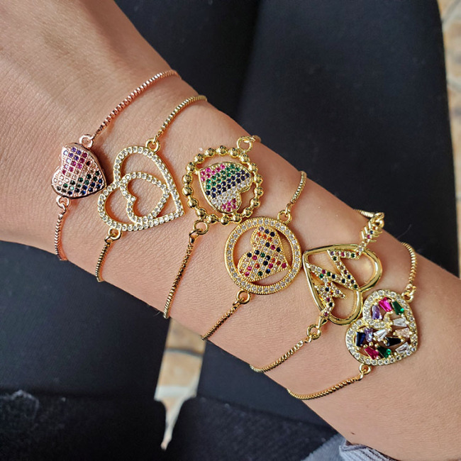 BC1303 Chic Dainty 18K Gold plated Rainbow Zircon CZ Micro Paved Love Heart Slide Chain Bracelets