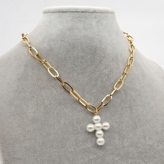Chic Gold Plated Stainless Steel Paperclip Chain Pearl Coin Statement Pendant Layering Necklace Jewelry,Cross Pendant Necklace