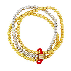 BC1373 Gold CZ Carabiner Gold Silver Triple 3 Stack Set Beaded Ball Bracelet Stack Joined by Gold CZ Enamel Carabiner Clasp