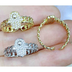RM1298 Trendy 18k Gold Silver Plated Micro Pave CZ Evil Eye Hamsa Hand Open Rings with Curb Cuban Link Chain Band