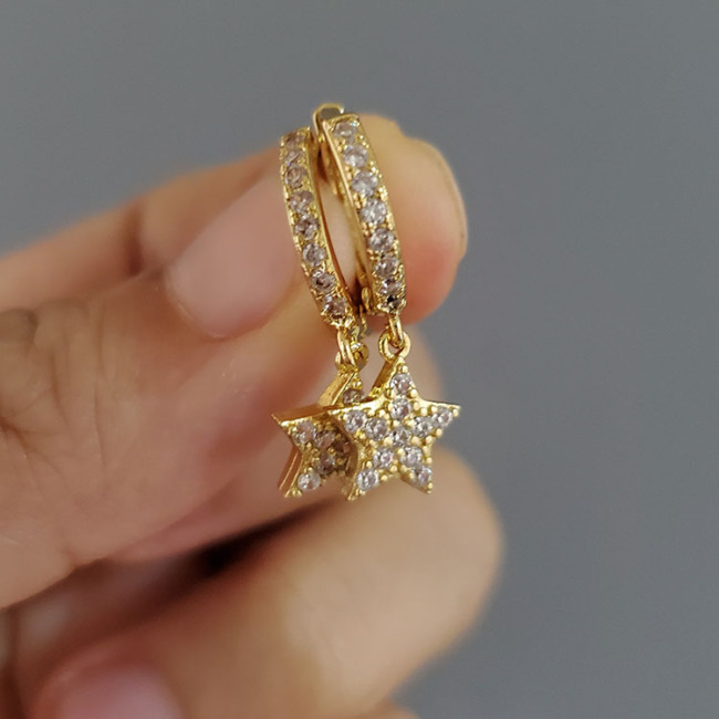 EC1711 Chic Dainty Mini Gold Plated Mini CZ Micro Pave Star Dangle Charm Earrings with huggie hoops