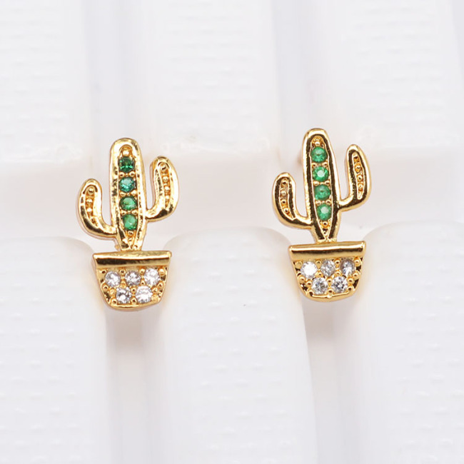 EC1188 Dainty Gold Minimalist Cactus Earring Cubic Zirconia Pave Earrings for Women, Mini CZ Cactus Charm Earrings