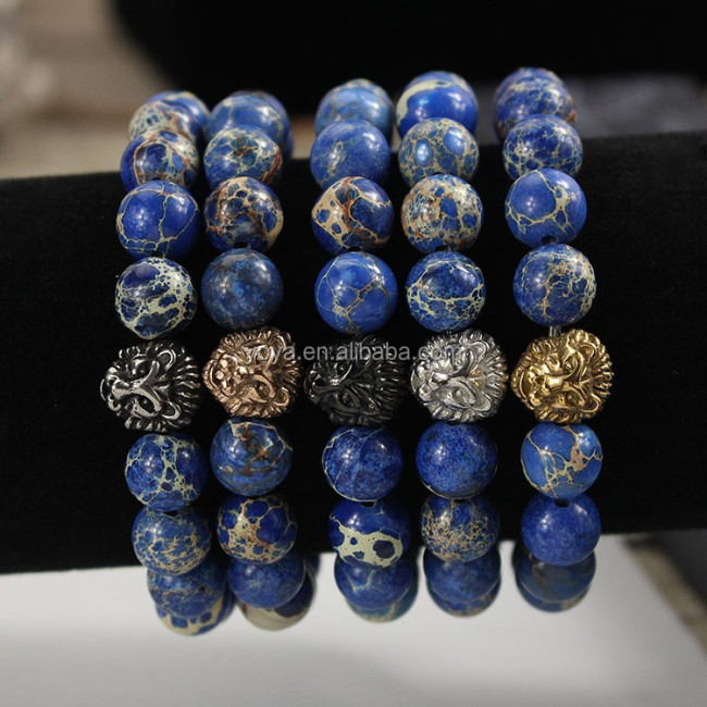 BRS1502-5 natural gemstone blue imperial jasper stainless steel lion head bracelet