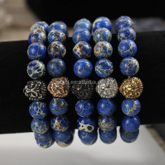 BRS1502-5 natural gemstone blue imperial jasper stainless steel lion head bracelet