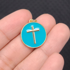 JS1602 18K Gold Plated Cross on Candy Colour Enamel Neon Multicolor Disc Round Charm Pendants