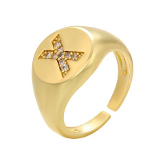 RM1230 18K gold plated brass metal Delicate Diamond Cubic Zirconia Paved Letter Alphabet Initial Adjustable Finger Rings