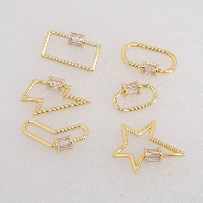 CZ8061 14K Gold Plated Diamond Heart OVal Shape Screw Clasp, CZ Star lightning Bolt Lock  Clasp Buckle Carabiners