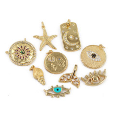 CZ8195 Dainty Assorted 18k Gold Plated CZ Micro Pave Evil Eyes Disc Starfish Moon& Star Whale Tail Charm Pendants