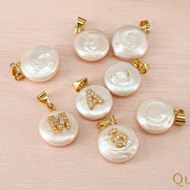 CZ7979 Dainty Natural Freshwater Pearl Charm Pendant with CZ Micro Pave Initial alphabet letter charms Pendants