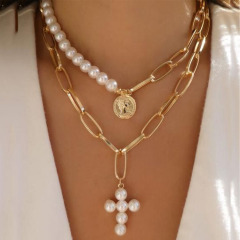Chic Gold Plated Stainless Steel Paperclip Chain Pearl Coin Statement Pendant Layering Necklace Jewelry,Cross Pendant Necklace