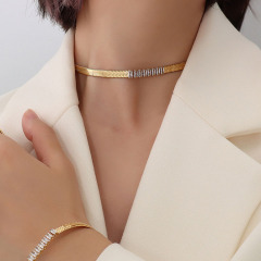 Non Tarnish 18k Gold Plated Stainless Steel CZ Zircon Pave Herringbone Flat Snake Chain Collar Necklace and Bracelet Jewelry Set