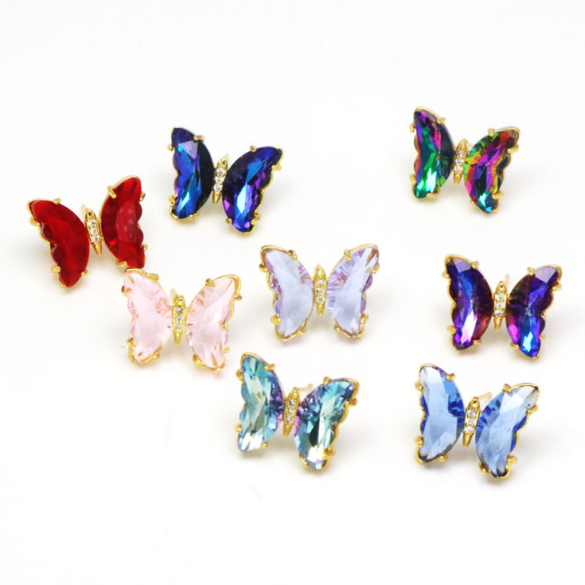 EC1809 Pretty Small Womens 18k Gold Plated Butterfly CZ Micro Pave Simulated Crystal Butterfly Stud Earrings for Women Girls