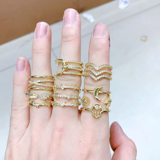 RM1173 18k gold plated cz micro pave assorted lightning moon sun hamsa hand stacking everyday celestial Finger rings for women