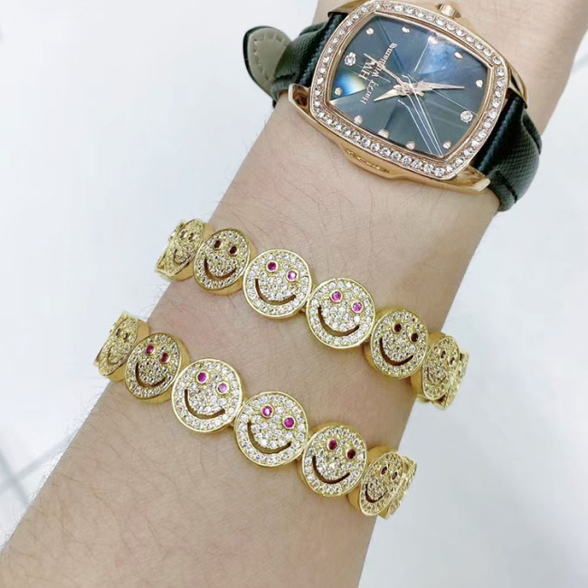 BC2038 Fashion 18K Gold Plated Brass Bracelet Zircon CZ Micro Pave Smiley Happy Face Link Chain Hand Cuff Chain Bangle Bracelets