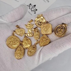 18K Gold Plated 316 Stainless Steel Titanium Steel Saint Virgin Mary  Christ Jesus Oval Coin Medal Charm Pendants