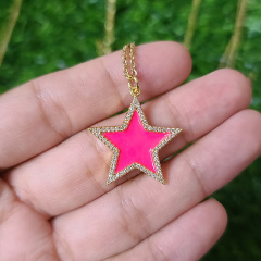 NZ1242 Chic Dainty Gold Enamel Neon CZ Paved Star Pendant Stainless Steel Chain Necklace for Ladies Women