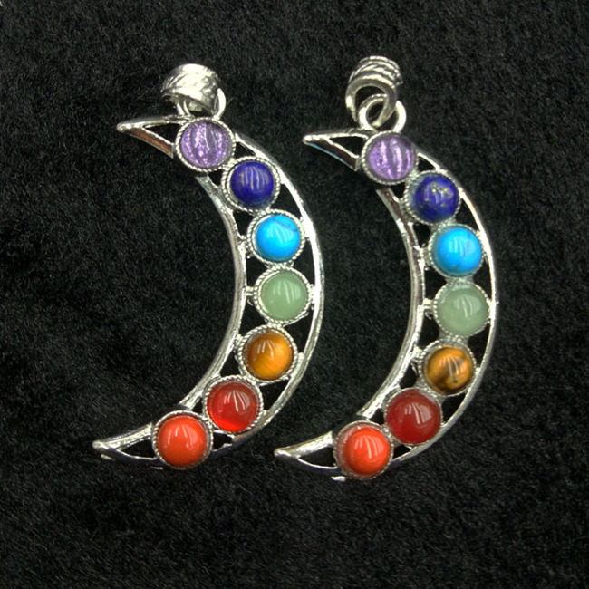JF7263 7 Chakra Crystal Gemstone Crescent Moon Pendant, Reiki Healing Crystal Yoga Pendants