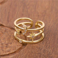 RM1151 simple open 18k gold plated cubic zirconia cz  zircon crescent moon and star celestial triple stacking rings for women