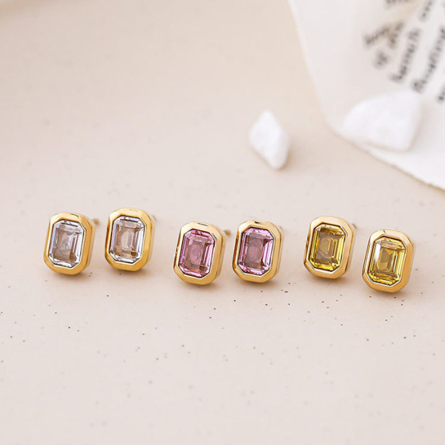 ES1114 Mini Minimalist Gold Plated Stainless Steel Rectangle Crystal Stud Earring