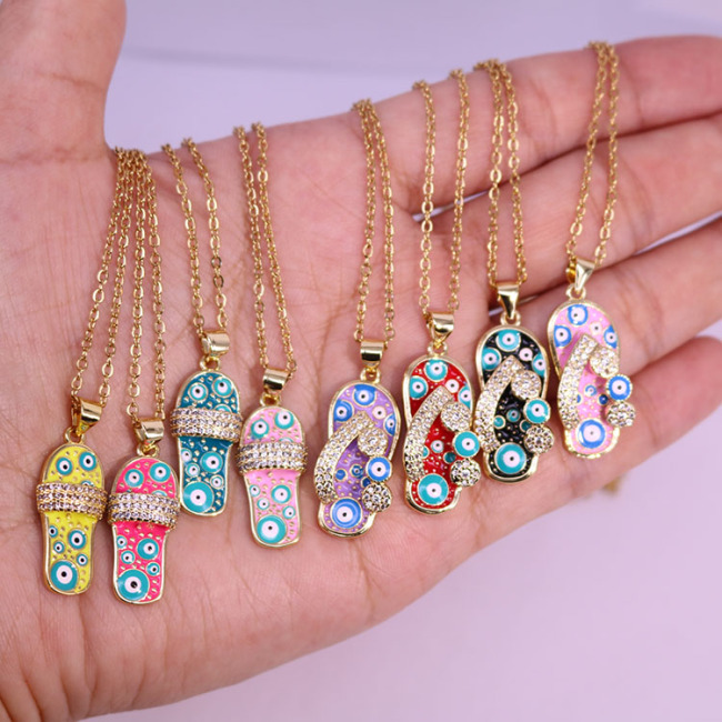 NZ1300  Fashion Small Cute 18k Gold Enamel Evil Eyes Flip Flop Slipper Pendant Stainless Steel Chain Necklace for Women