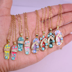 NZ1300 Fashion Small Cute 18k Gold Enamel Evil Eyes Flip Flop Slipper Pendant Stainless Steel Chain Necklace for Women