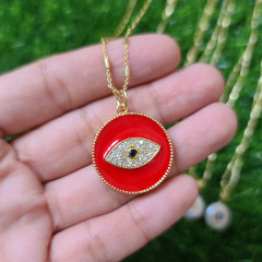 NZ1242 New Chic Dainty Gold Enamel CZ Paved Freshwater Pearl Greek Evil Eye Pendant Chain Protection Necklace for Ladies Women