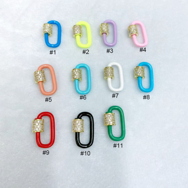 JF1334 Rainbow CZ Micro Pave Rainbow Enamel Neon Oval Screw Clasp, Gold Plated U Shape Carabiner Clasp Buckle Lock