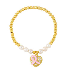 BC1369 Tiny gold beads and Pearl Beaded Bracelet with CZ Pave Enamel Pink ribbon cancer charm ,breast cancer awareness bracelet