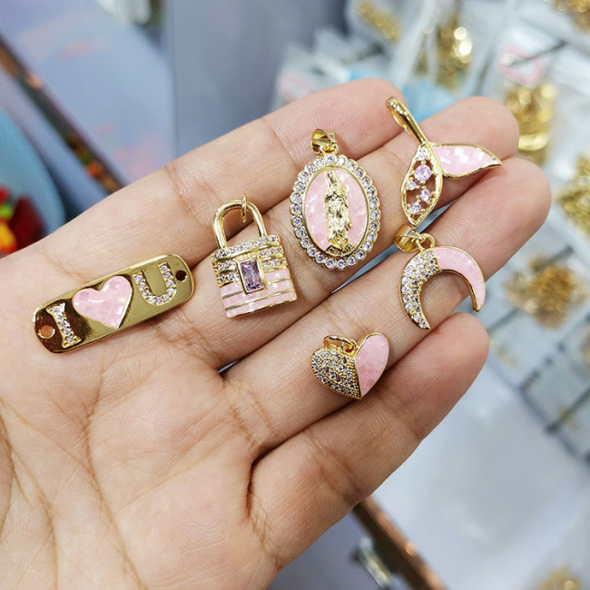 CZ8485 Dainty Pink Shell CZ Pave Crescent Star Heart Virgin Mary Lock Charm Pendants