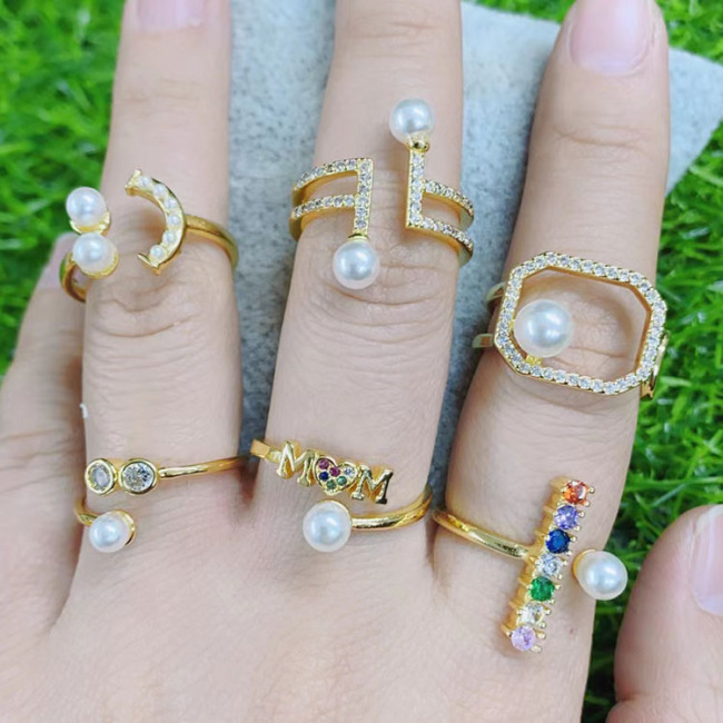 RM1406 New Chic CZ Paved Multi Colored Colorful Rainbow and White Pearl Rings for Ladies