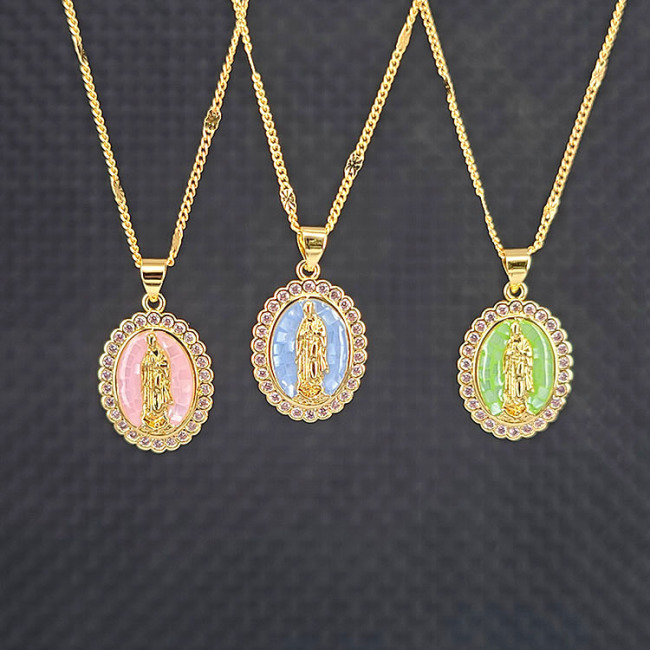 NZ1335  18k Gold Pink Blue Green Shell CZ Micro Pave Our lady of Guadalupe necklace, religious jewelry, Virgin Mary Necklace