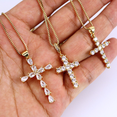 NS1082 High Quality Diamond Christian Religion Jewelry Gold Plated Stainless Steel Chain CZ Micro Pave Cross Pendant Necklace