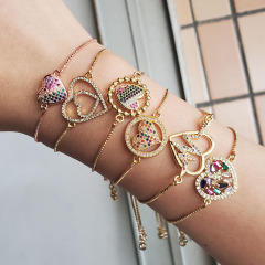 BC1303 Chic Dainty 18K Gold plated Rainbow Zircon CZ Micro Paved Love Heart Slide Chain Bracelets