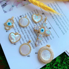 CZ8489 Gold CZ Pave Mother of pearl Shell Evil Eyes Cross Heart medal Virgin Mary pendant, religious catholic Pendants