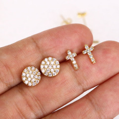 EC1594 Chic Mini Simple 18k  Gold CZ Cross Dsic Round Stud Earrings,Dainty CZ Diamond Heart Charm Stud Earrings