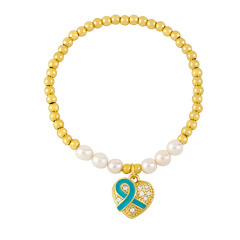 BC1369 Tiny gold beads and Pearl Beaded Bracelet with CZ Pave Enamel Pink ribbon cancer charm ,breast cancer awareness bracelet