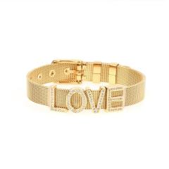 BC2004 Popular Gold Plated Stainless Steel Mesh Adjustable Wristband Bracelet with CZ Diamond Pave Letters Words Slider Charm