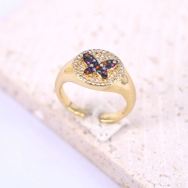 RM1409 Dainty Adjustable 18K Gold Plated CZ Micro Pave Heart Moon Crescent Star Butterfly Signet Dome Statement Ring,