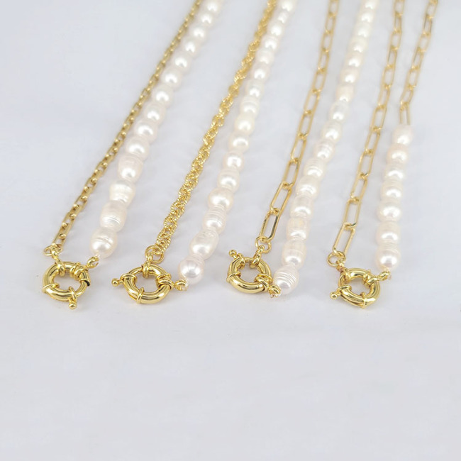 NP1020 Fashion Popular Chic Gold Half Freshwater Pearl Half Paperclip Link Chain Spring Sailors Spring Clasp Necklace