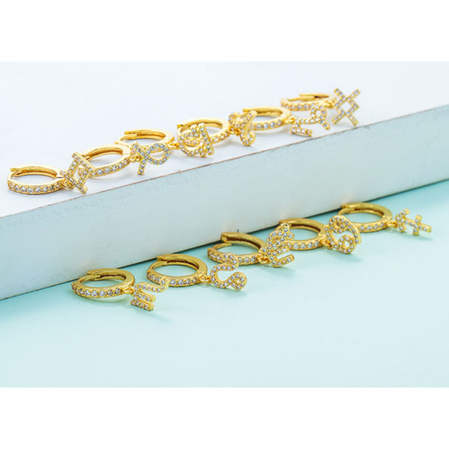 EC1750 18k Gold Plated CZ Micro Pave Astrology Constellation Horoscope Zodiac Sign Charm Huggie Hoop Earrings